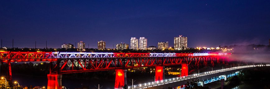 CityofEdmonton's tweet photo. Tonight the High Level Bridge in Edmonton will be red and white for Canada.🇨🇦 #yegstrong https://t.co/CoKfs5lPy8