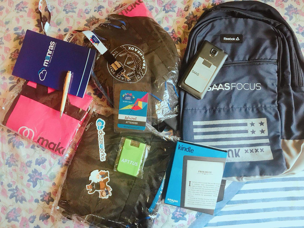 ashwanisoni_'s tweet photo. cool swag collected at #indiadreamin17 some are #won & some are presented. #Salesforce #makepositive #saasfocus #manras #apttus #TrailBlazer https://t.co/nwbpYcBOAv