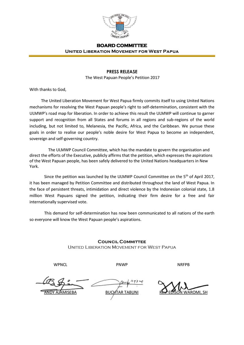 BennyWenda's tweet photo. Statement by the internal leaders of the United Liberation Movement for West Papua - #ULMWP, supporting the petition https://t.co/JMljyQ5Rge https://t.co/uk3E7DjhwN