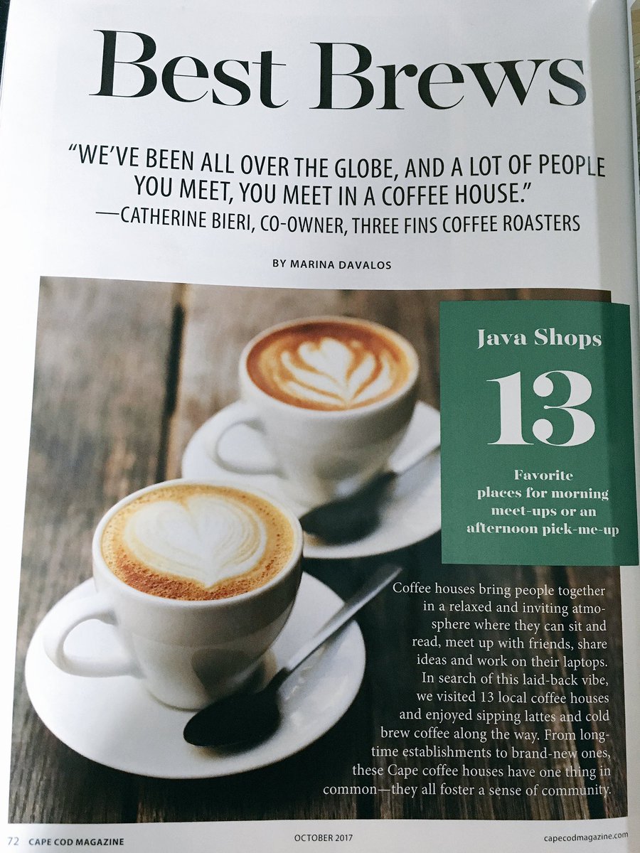 threefinscoffee's tweet image. .#capecodmagazine featured us in their Oct issue of #bestbrews on #capecod! Thank you ! #coffeehouse #coffee #coffeeroaster #capecodlife