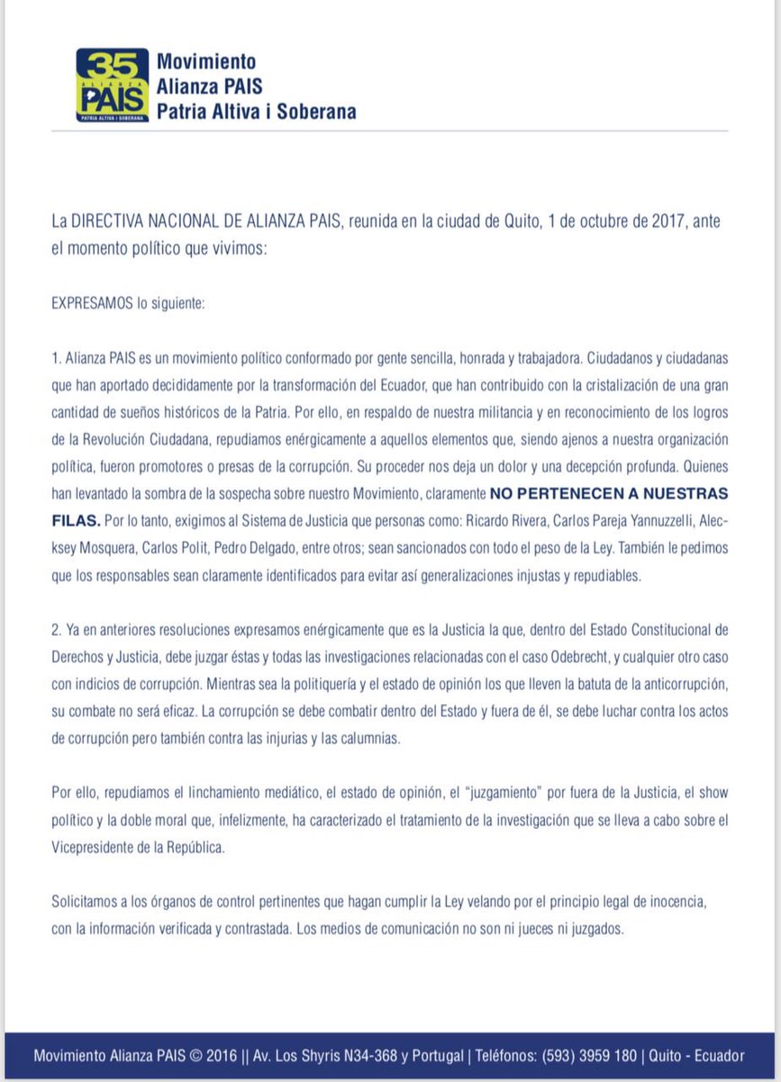 35MOVER's tweet photo. COMUNICADO de la Directiva Nacional del Movimiento Alianza @35PAIS a la opinión pública. https://t.co/VhMZn5UUww