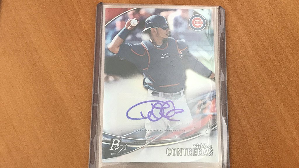 MLB's tweet photo. @redturn2 @Indians @treavturner Willson! This @WContreras40 autographed card is calling your names, @cubs fans. RT and it could be yours. https://t.co/YnIcGqqqEP