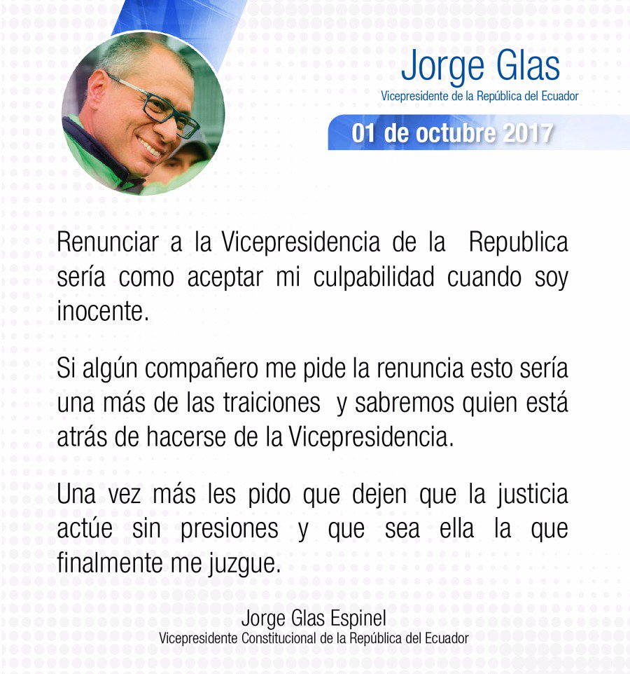 JorgeGlas's tweet photo. Luego de probar mi inocencia anunciaré mi decisión, que estén seguros será la mejor para el país. https://t.co/mogXyLjNHS