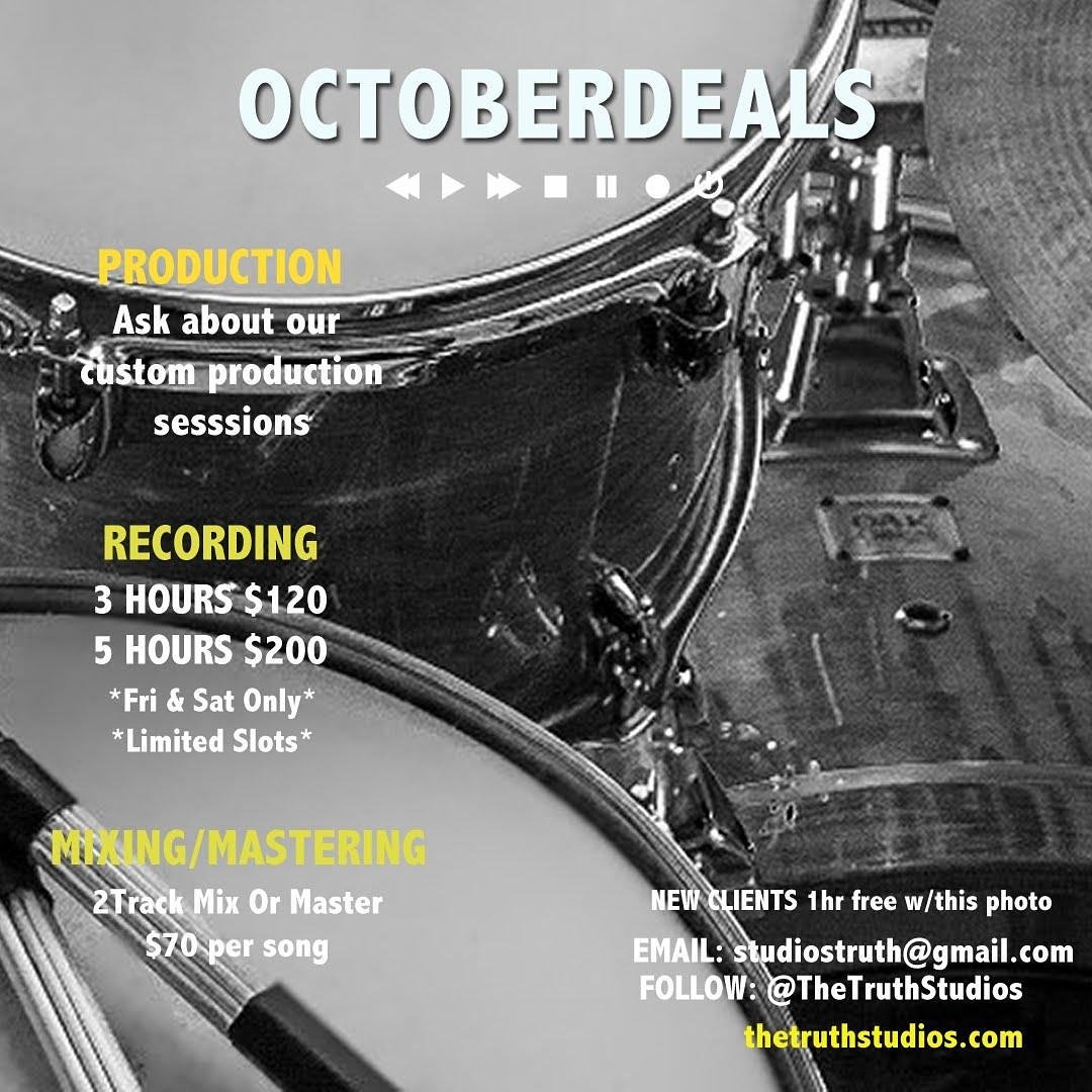 thetruthstudios's tweet photo. For #SundayFunday we bring you our October Deals! Check them out & hit us up this week! #thetruthstudios #audiohouse https://t.co/FGCUCH6H4y