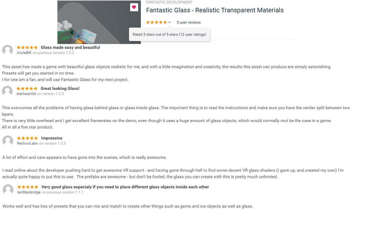 DevFantastic's tweet photo. Fantastic Glass now has 12 ratings,
another glowing review,
and is still 5/5 ⭐️ on the #unity3d #AssetStore!
https://t.co/XMIvfPk1Od https://t.co/9fewXfOqXp