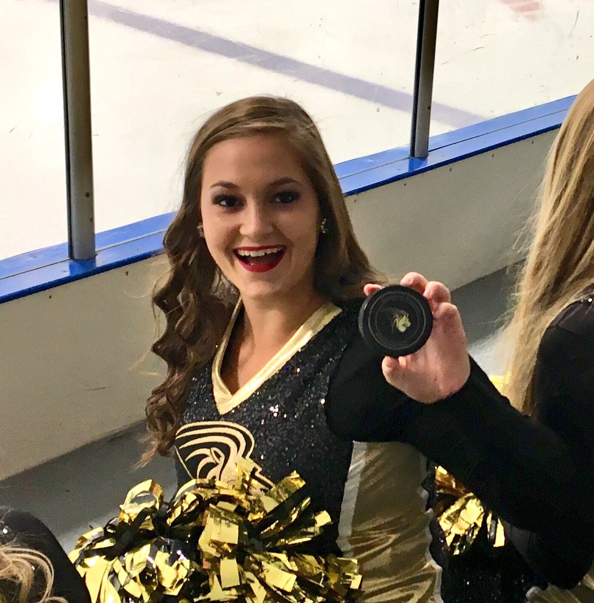 LUGoldenLine's tweet photo. Cheering on @LULionsHockey today and one of our dancers had a close call with a puck! She’s fine and now has a nice @LU_Lions souvenir! https://t.co/E8wpoCDKKx