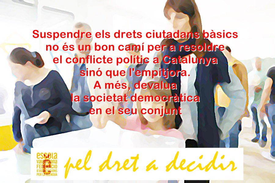 escolatv's tweet photo. Suspendre drets ciutadans bàsics no és un bon camí per resoldre el conflicte polític a Catalunya, sinó que l'empitjora #CatalunyaNoEstasSola https://t.co/QLYezPUSXV