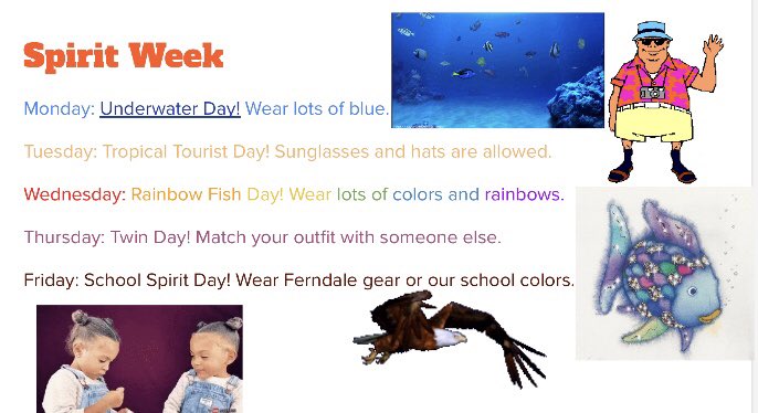 usaferndale's tweet photo. THIS YEARS SPIRIT WEEK DAYS! Starting tomorrow :) https://t.co/sS2fVi3W5V