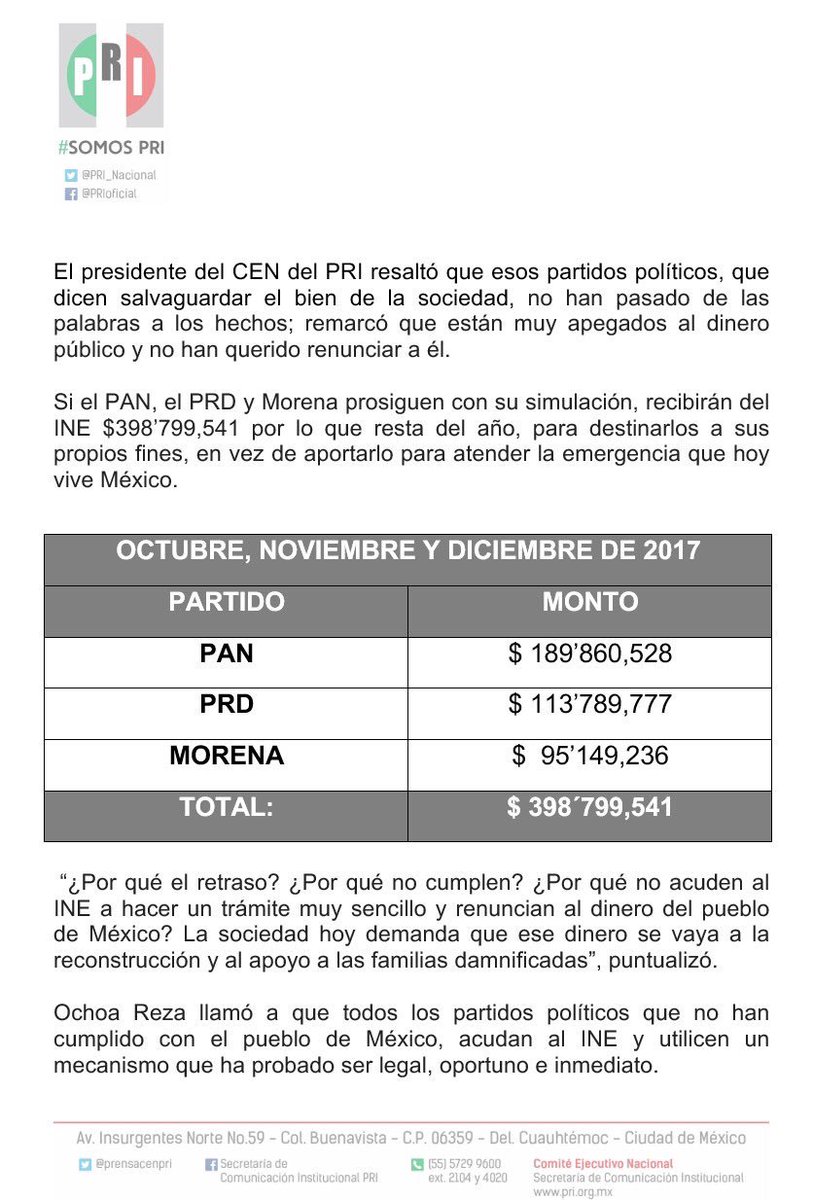 EnriqueOchoaR's tweet photo. El 22 de septiembre #PAN, #PRD y #Morena prometieron que la totalidad del dinero se iría al apoyo de damnificados. Le mintieron a México. https://t.co/FWmMBY7A2L