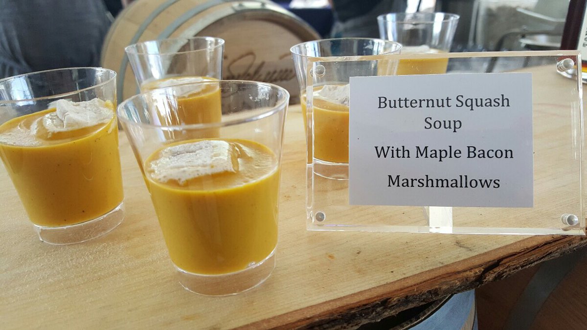 MelissasProduce's tweet photo. Chef Joshua of @SelanneSteak serving butternut squash soup w/ maple bacon marshmallows & Cabernet braised short rib w/ white polenta. #nbwff https://t.co/5mAGZvx6Fl