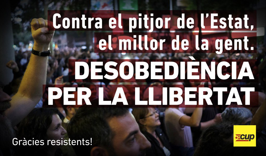 cupnacional's tweet photo. Contra el pitjor de l'Estat, el millor de la gent. Desobediència per la Llibertat! Gràcies, resistents! #Guanyarem #SensePor #referèndumCAT https://t.co/6zCTxoJyl6