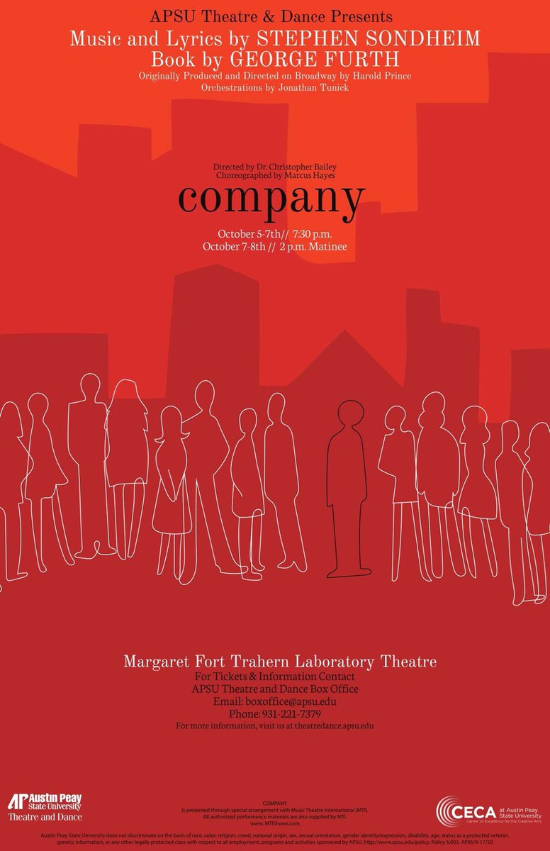 Happy Parents weekend! Make sure to grab your tickets for "Company" this week, Oct. 5-8! For tickets, email boxoffice@apsu.edu #APSUCompany