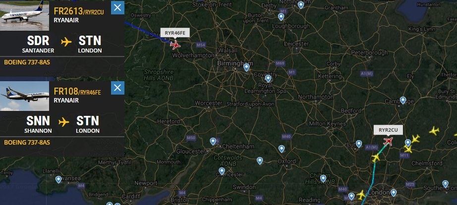FlightIntl's tweet photo. Two Ryanair 737s (flights #FR2613 & #FR108) to London (STN) have just declared an emergency at the same time! https://t.co/E8sEPZ7CIe