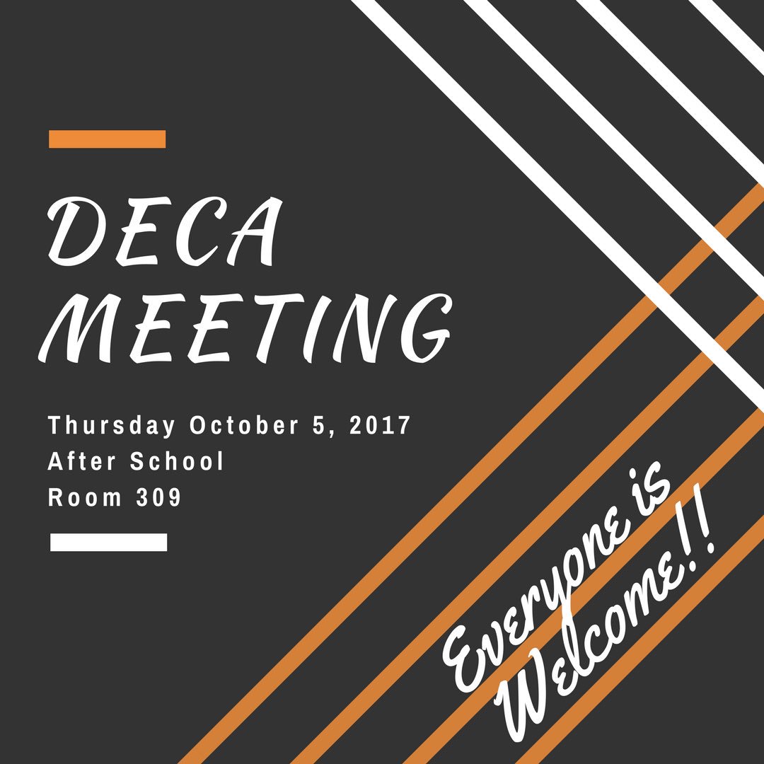 MonroeDECA's tweet photo. EVERYONE!! The first DECA meeting is THIS THURSDAY! Come and eat some food, bring your friends, and get involved! We’ll see you there! https://t.co/eA6Zva0gNB