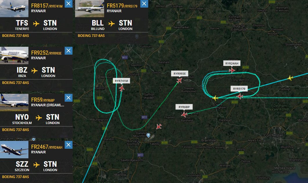 FlightIntl's tweet photo. Flights to London Stansted Airport (STN) are holding due to Ryanair flight #FR108 emergency https://t.co/zyqC3rJgL1