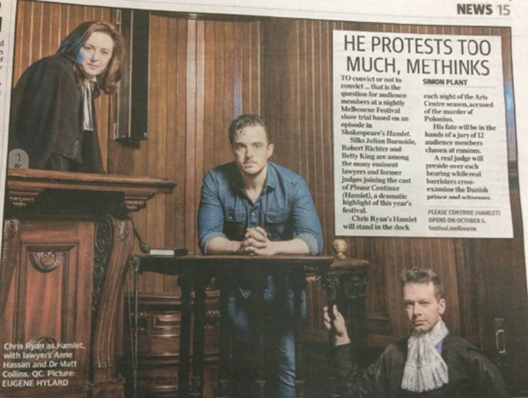 Vic Barristers will appear in the trial of Hamlet in an Aus 1st <a href="/melbfestival/">Original GPTster</a> production, 'Please, Continue (Hamlet)' this wk #VicBarLife