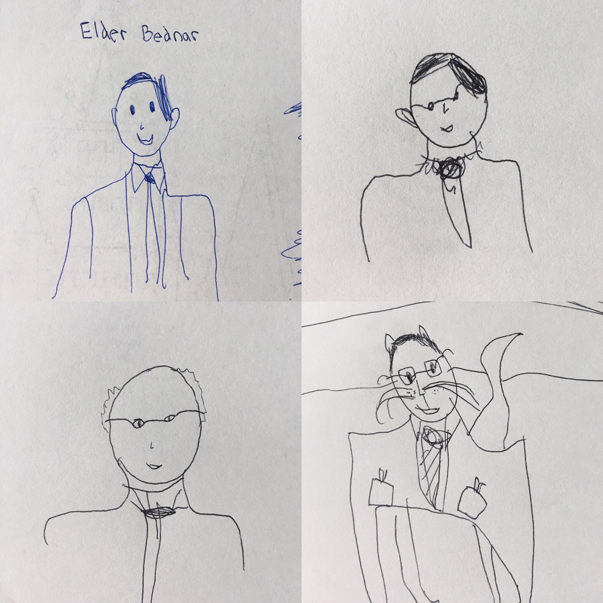 NewsKeira's tweet photo. My 6 yr old drew some of the speakers during #LDSGeneralConf she nailed @BednarDavidA's hair but I'm not sure who she turned into a cat... https://t.co/KTdFKe42w9
