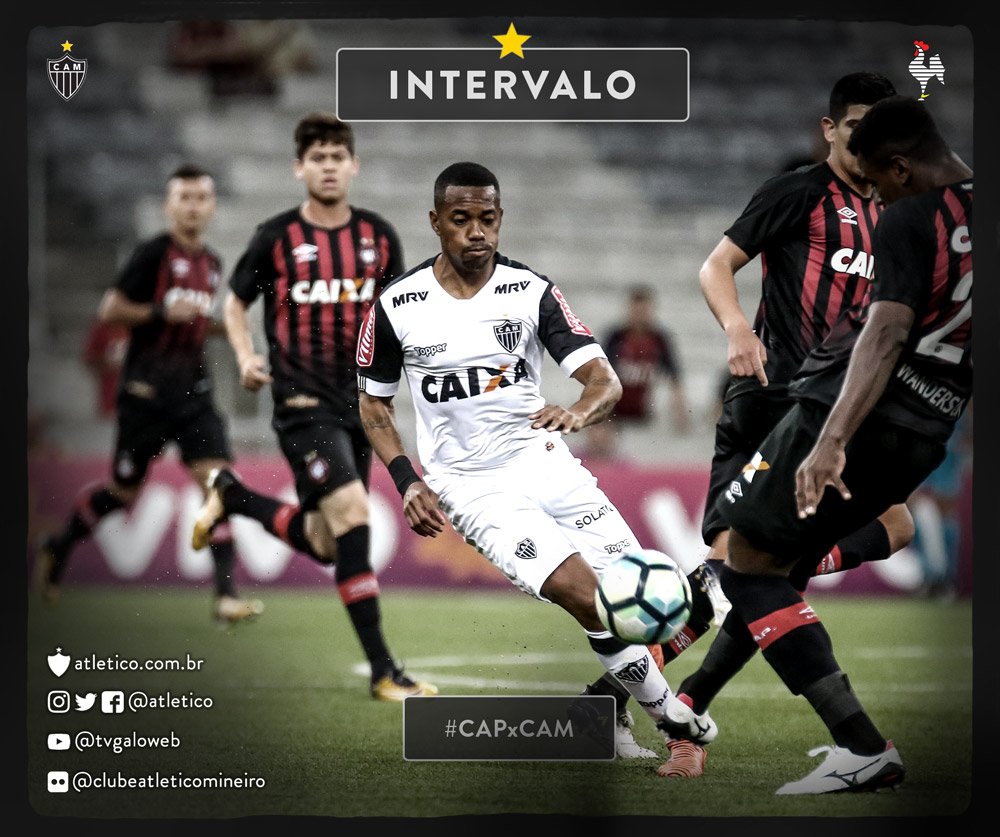 Atletico's tweet photo. Fim do primeiro tempo na Arena da Baixada! Atlético 1 x 0 Atlético-PR. Gol marcado por Robinho! Vamos, #Galo! #CAPxCAM https://t.co/MJGaSgvdMa