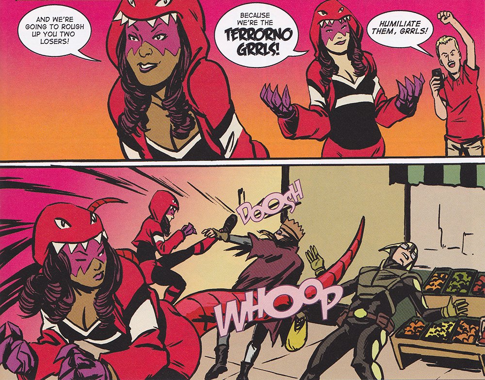 CanuckComics's tweet photo. #DailyPanel: Enter the #TerrornoGrrls. Very subtly based on the @Raptors. - #PitifulHumanLizard 4 | #Toronto @Rebel_Loo @AllisonMOToole https://t.co/ErKUDBTmuL