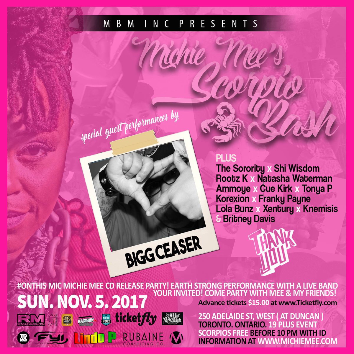 MichieBadgalMee's tweet photo. #OnThisMic #ScorpioBash @natashawaterman @frankiepaynee @BritzDavisMusic @biggceaser @djmelboogie @DJ_Jaxspade @adelaidehallTO SundayNov5.17 https://t.co/hriBeZ6EyA