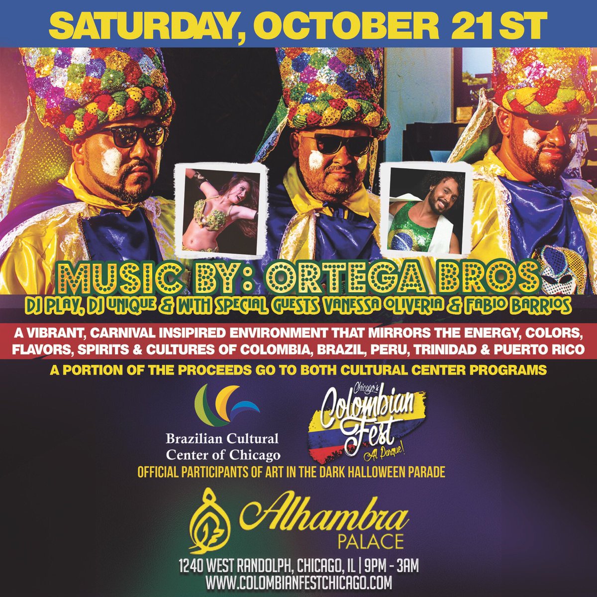Put on your dancing shoes and get ready to party! Saturday, Oct. 21st we'll be at <a href="/AlhambraChicago/">Alhambra Palace</a> teaming up with the Brazilian Cultural Center of Chicago to bring you the Carnalween Fiesta!! Details below!