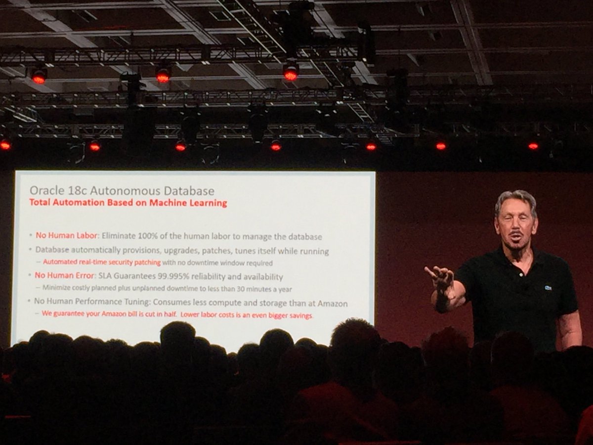 frankroche1969's tweet photo. Privileged to be at Oracle Openworld to hear Larry Ellison anounce Oracle 18c - the world’s first autonomous database ! https://t.co/t1Pna64hEG