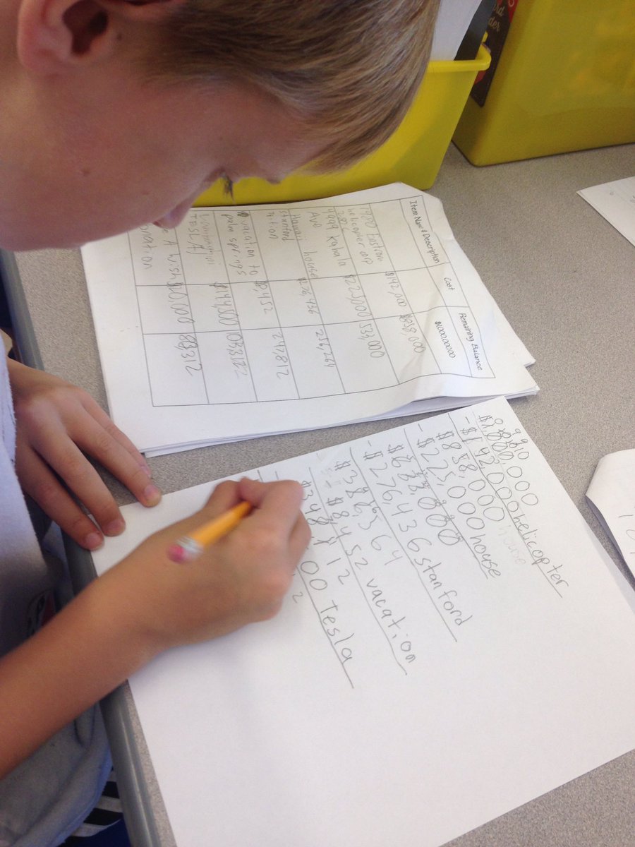 DZscholars's tweet photo. Million Dollar Project! Ss use place value, estimation, addition &amp; subtraction to spend $1 mil before the deadline! @mckmustangs #petk12 https://t.co/G2Z1hwAPiA