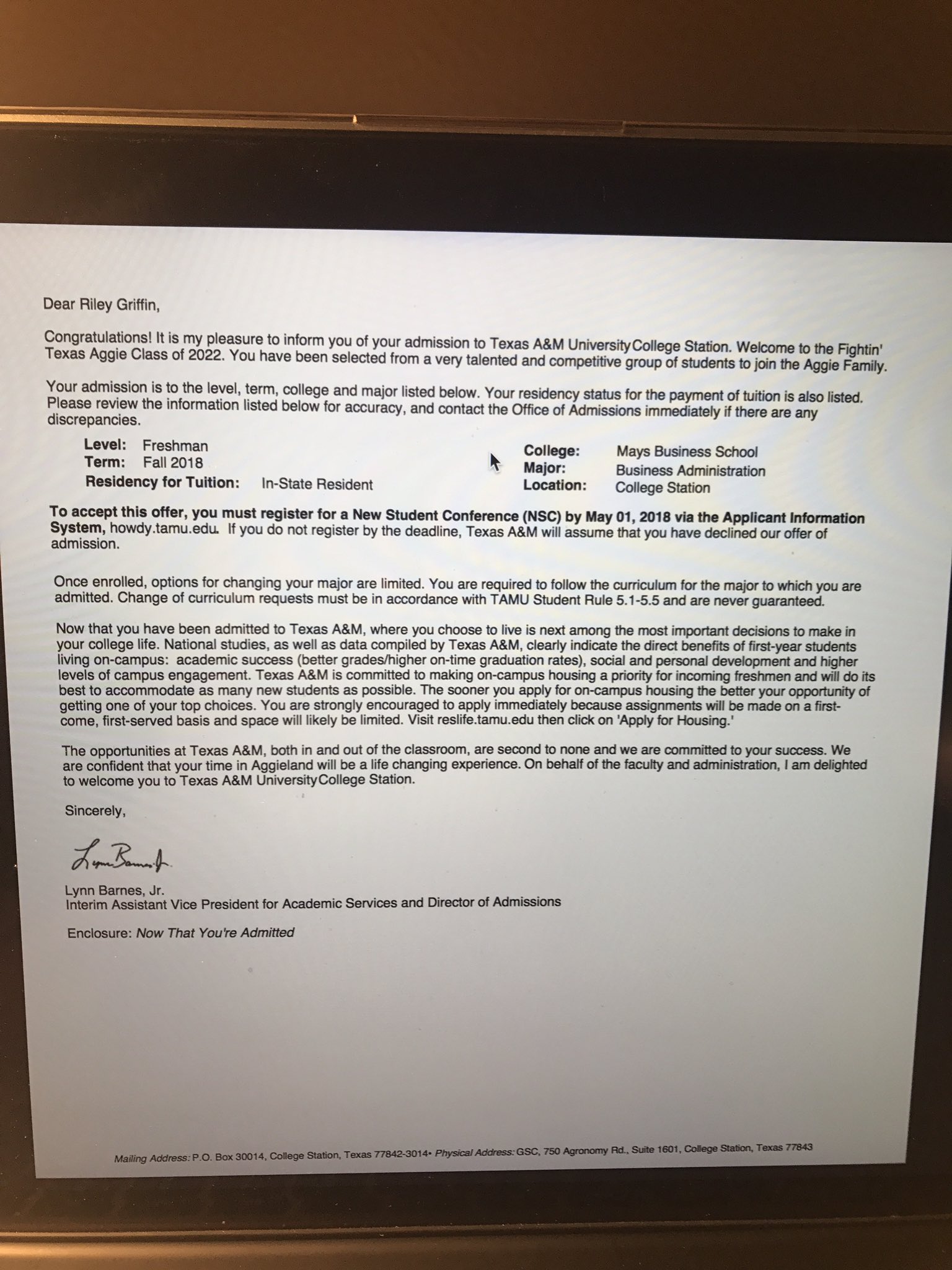 College acceptance letter 2022