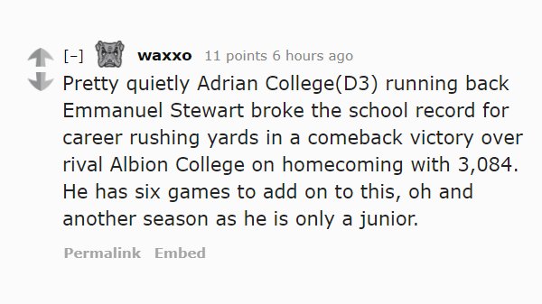 RedditCFB's tweet photo. In #D3fb notables this week, @AdrianCollegeFB's starting RB hit a significant milestone: https://t.co/0mcXq7NLzo