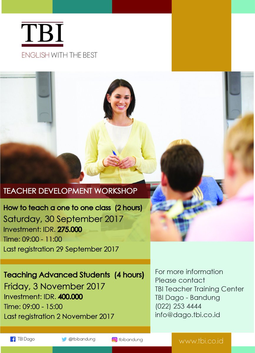 Sign up to our Teacher Development Workshop:
How to teach a one to one class, Sat, 30 Sep.
Teaching Advanced Students, Fri 3 Nov. #TBIDago