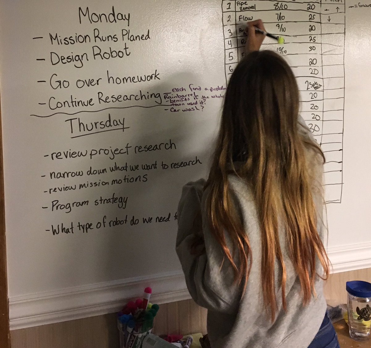 Using our new whiteboard wall for weekly goals, project work, and robot missions! #whiteboardsareawesome #fll #hydrodynamics