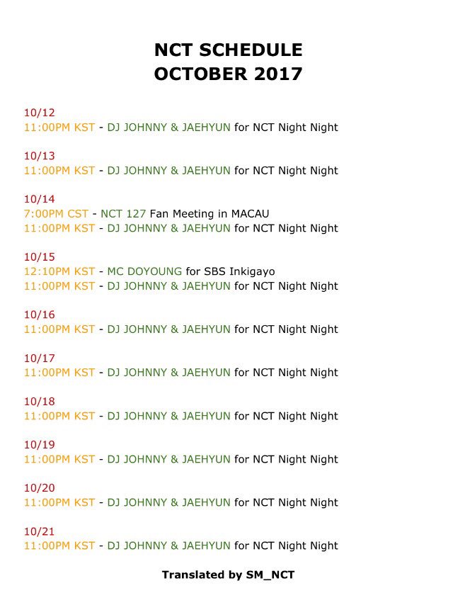 SM_NCT's tweet photo. [!!!] NCT SCHEDULE - OCTOBER 2017
Posted on their website as of October 2nd, more might be added in the following days. 💚 https://t.co/MwmdzRNSvE