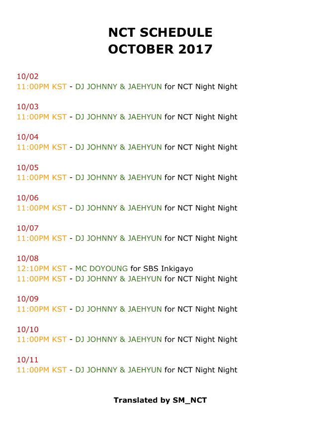 SM_NCT's tweet photo. [!!!] NCT SCHEDULE - OCTOBER 2017
Posted on their website as of October 2nd, more might be added in the following days. 💚 https://t.co/MwmdzRNSvE