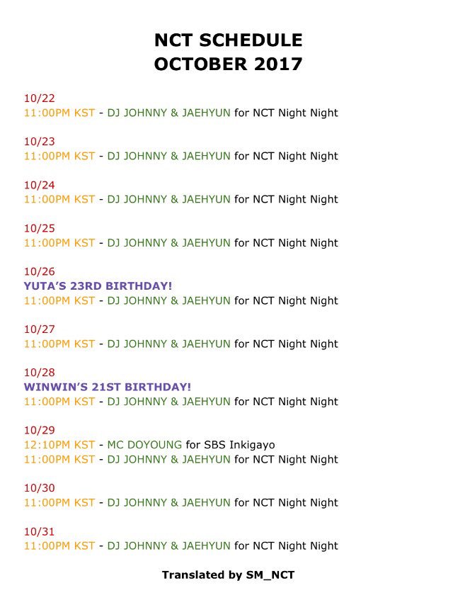 SM_NCT's tweet photo. [!!!] NCT SCHEDULE - OCTOBER 2017
Posted on their website as of October 2nd, more might be added in the following days. 💚 https://t.co/MwmdzRNSvE