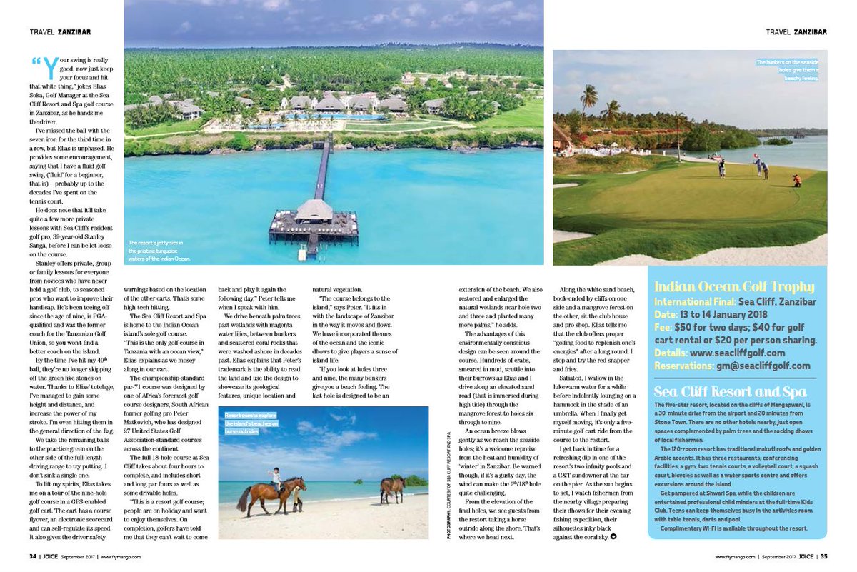 EagerJourneys's tweet photo. Flew with @FlyMangoSA to #Zanzibar to learn to play #golf at the @SeaCliffResort. Lessons are coupled with beach time, seafood &amp; these views https://t.co/lSJcq3MiPy