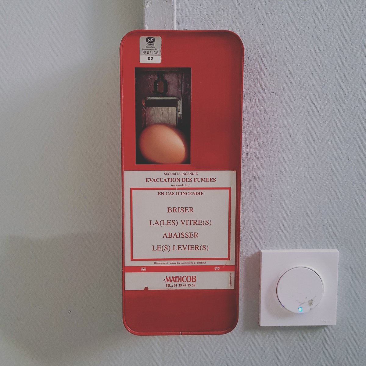 RichardNimble's tweet photo. Can anyone explain this one to me? In case of emergency break...egg? #Nice #France https://t.co/ZzUcmDIZ0n