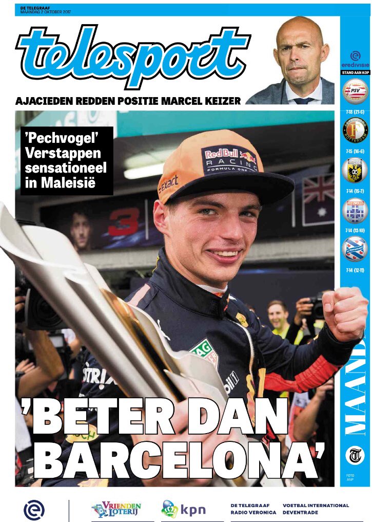 FrankWoest's tweet photo. Vandaag uiteraard veel Max in Telesport #f1 #GPMalaysia @ErikvHaren #endatistwee https://t.co/hxeYudx96g