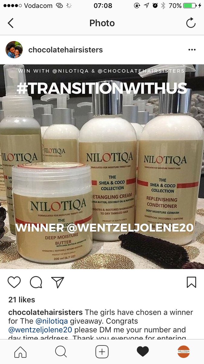 nilotiqa's tweet photo. Congrats to @wentzeljolene20 for winning the #NilotiqaHairCare🍃#TransitionWithUs #Giveaway sponsored by @chocolatehairsisters 🎊🎉 https://t.co/9PIJ16otvF