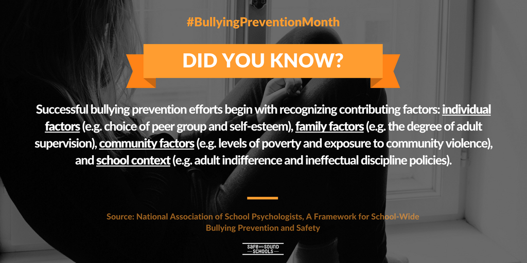 SafeSchoolsOrg's tweet photo. #BullyingPreventionMonth: @nasponline urges schools to consider contributing factors when developing a #BullyingPrevention plan. https://t.co/zaKYUv4Ppv