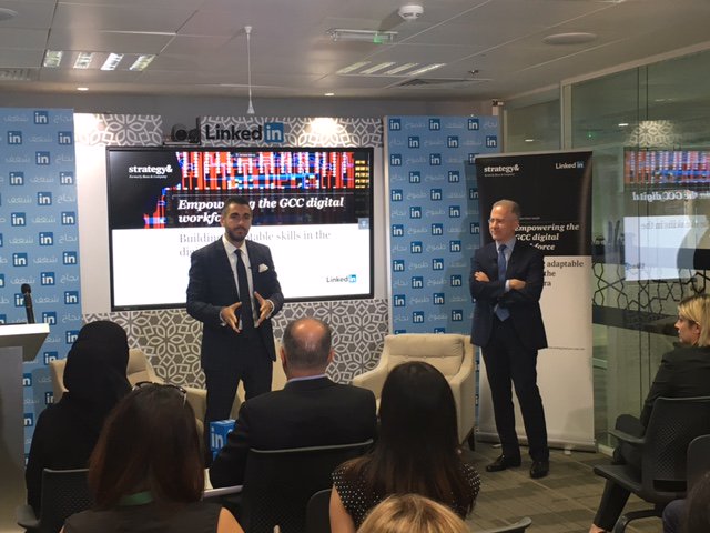 strategyandME's tweet photo. On stage: @amatar6, @LinkedInMENA's Head of Talent Solutions, discussing our co-authored report at the #GCCDigitalJobs event. https://t.co/sC8pW8aSnl