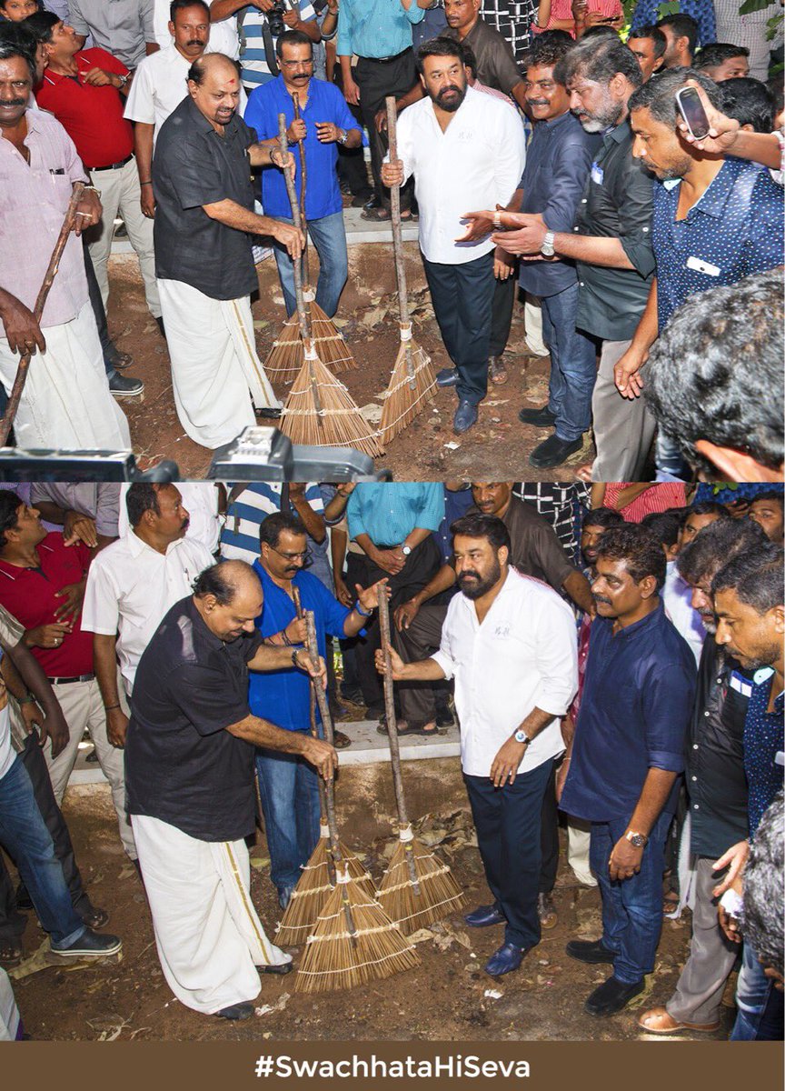 Mohanlal's tweet photo. Towards a cleaner India, at Model Boys High School Thiruvananthapuram #SwachhataHiSeva @PMOIndia https://t.co/yyZmHQM4Yl