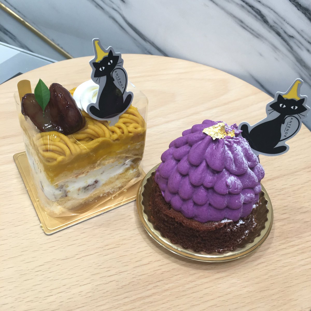松坂屋名古屋店ごちパラ レストラン アンテノール かぼちゃと栗のショートケーキ 税込594円 かぼちゃクリームと渋皮栗のショートケーキ むらさき芋のモンブラン 税込594円 むらさき芋クリームでさつま芋を包みチョコアーモンドケーキにのせま