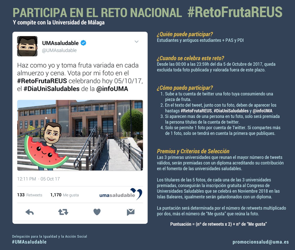 Este jueves, trae tu fruta al campus y participa con la UMA a través de Twitter en el #RetoFrutaREUS. ¡Te explicamos cómo! 👇👇