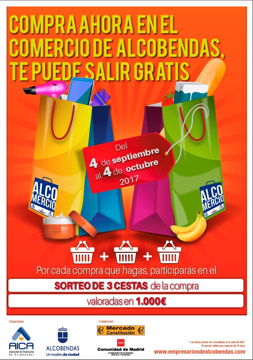 AICAempresarios's tweet photo. ¿Quieres ganar una cesta de la compra? ¡Tienes 3 días para participar en el sorteo! Compra en el comercio de #Alcobendas y cruza los dedos. https://t.co/AIMv3panjx