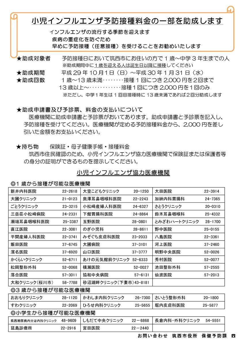 筑西市 筑西市では小児インフルエンザ予防接種料金 の一部を助成します すでに 園や学校を通じて対象者へお知らせしましたが 協力医療機関のうち直江医院と宮田医院が追加されました 疾病の重症化を防ぐため接種 を希望される方は 早めに予防接種 任意