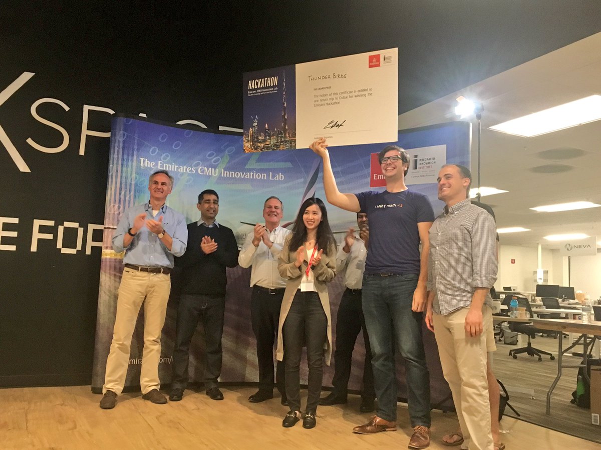 TravelHackathon's tweet photo. Final winner-Thunder birds! One return trip to Dubai for winning the Emirates Hackathon! 
#emiratescmuhack #emiratestravelhackathon https://t.co/0NPm7XmR1e