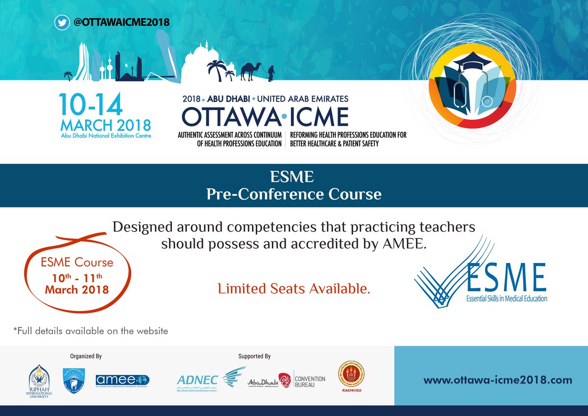 OTTAWAICME2018's tweet image. Reserve one of the limited seats in the Essential Skills in #MedicalEducation course today! bit.ly/2tyHg0I #OTTAWA_ICME2018 #ESME