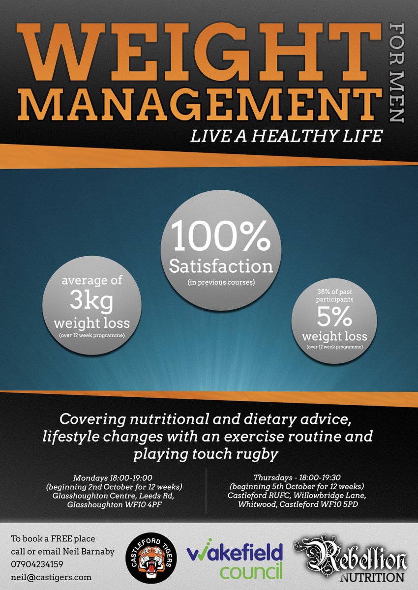 Contact @NeilBarnaby1  to join @CasTigersTrust <a href="/CTRLFC/">Castleford Tigers</a> men’s weight management programme for FREE. We know it works: give us a try!