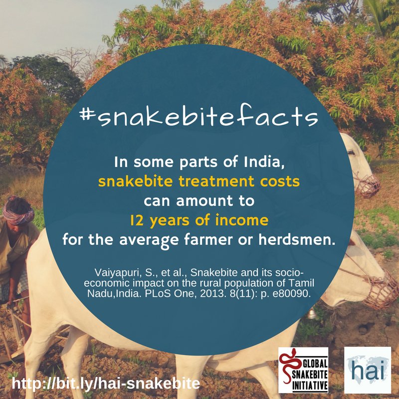 HAImedicines's tweet photo. In some parts of India, #snakebite treatment costs can amount to 12 years of income for farmer/herdsmen. #snakebitefacts https://t.co/ZQwnJkfBkk