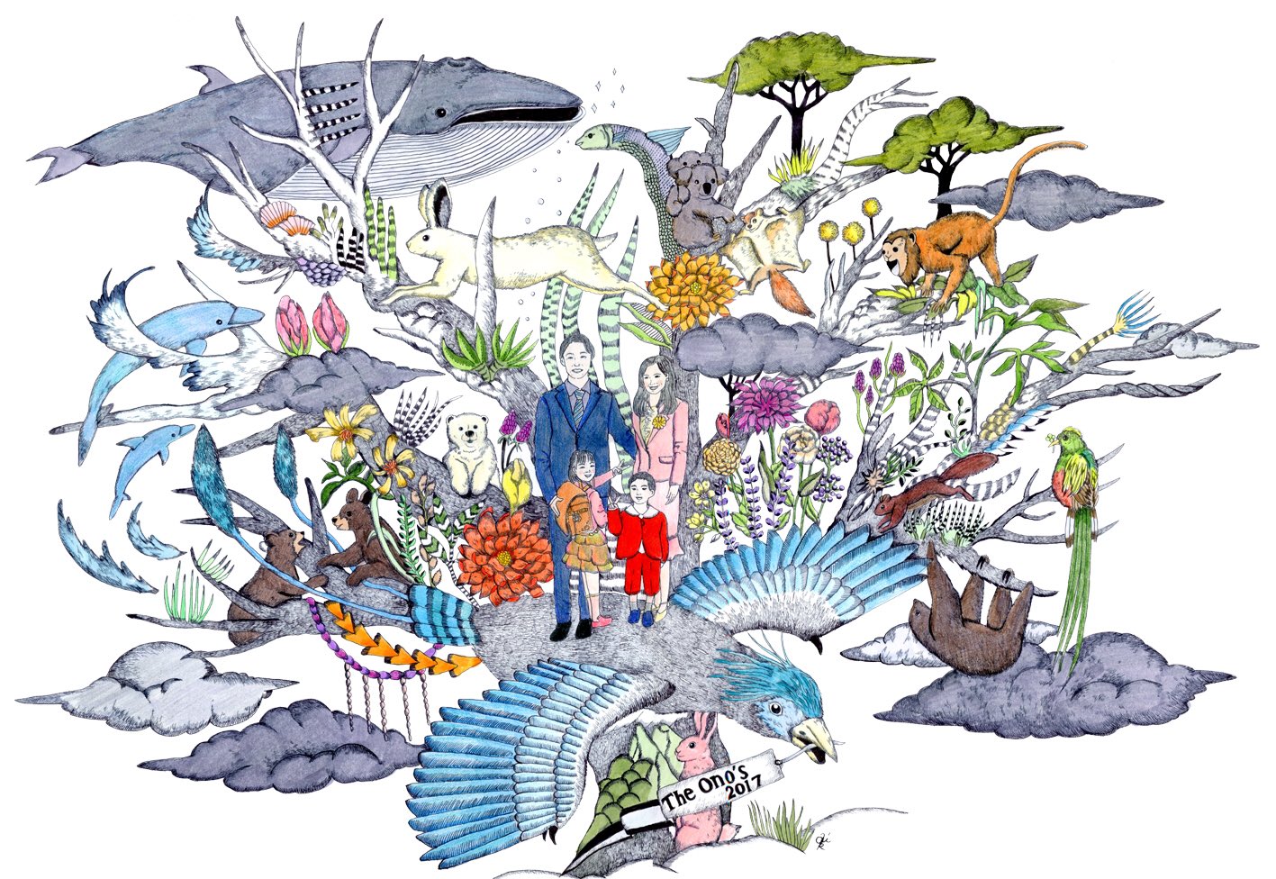 河野 愛 Ai Kohno No Twitter 依頼を受け初めて家族の絵を描きました 少しの要望のみで殆ど自由だったので成長や絆を表す樹と幸せの 象徴となる青い鳥 共存し祝福する動物たちを世界観満載で構成 家族 生き物たち 友人 恋人などなど こうした絵のご依頼も承ります